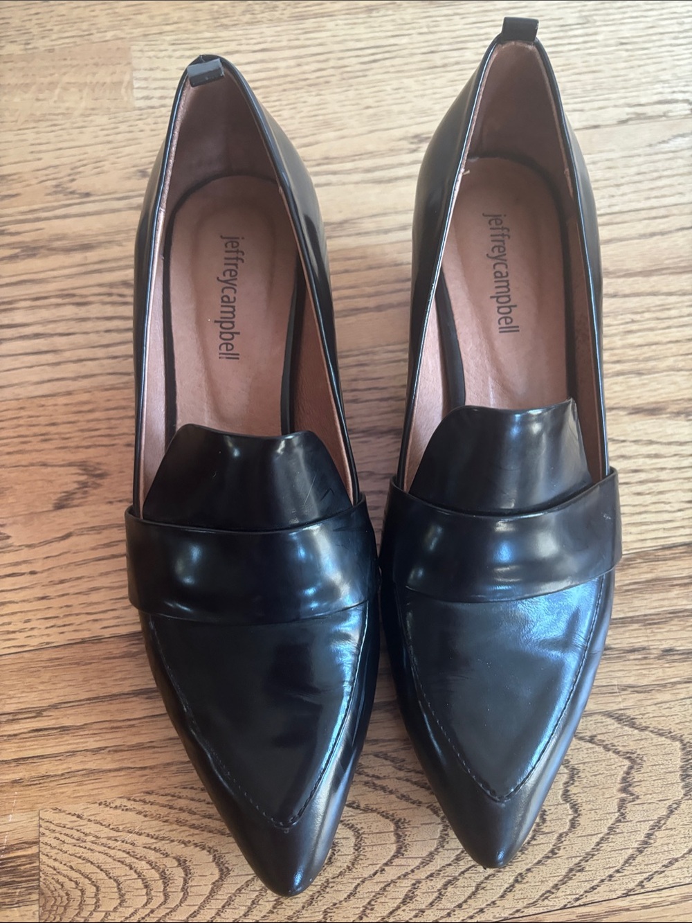 Jeffrey Campbell Black Pointed Leather Loafers with Penny Strap